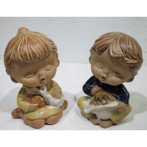 Genuine Stoneware Boy Girl Figures Japan Dog Duck 6-1/2"